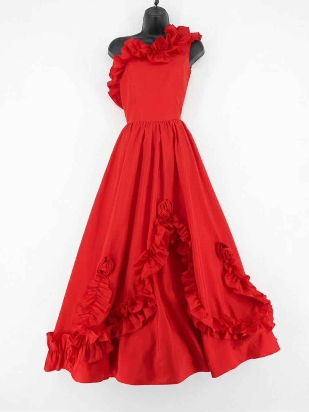 Vintage 70s 80s Red One Shoulder Ruffle Maxi Dress ILGWU USA XS